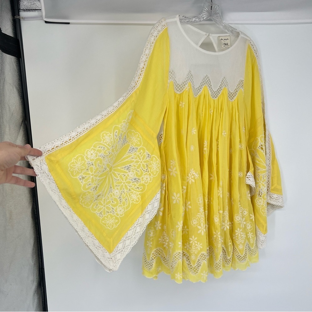 Free People x House of Aama Yellow 100% Cotton Floral Embroidered Mini Dress XS - Picture 3 of 9